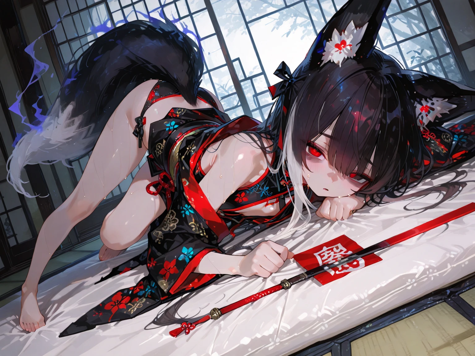 anime artwork, score_9, score_8_up, score_7_up, score_6_up, score_5_up, score_4_up,sparkle \(honkai: star rail\),1girl, twintails, black hair, medium breasts, red eyes, red eyeshadow, fox mask ,
, , , , she is 24 years old, , ,horny, , , , style_3, ,,, floox style, black background,, nude,naked, ass, ass focus, , , heavenly ass, deep skin, lying on stomach,from behind