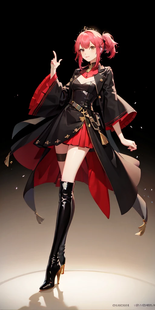 (white and gold accent details on body outfit:0.85), (negative space:1.4), (full body), 1girl, ((solo)), looking away, ,, from above, masterpiece, extremly detailed, ((Cinematic lighting)), (glowing), ((dramatic lighting)), ((beautiful detailed glow)), smirk, blush, intricate detail, lens flare, (black hair:1.5), (short hair:1.2), (vampire:1.6), floating swords, light particles, (small:1.5), (red eyes:1.3), (pink eyes:0.4), (night:1.3), (flower:1.25), glowing, floating sparkles, floating hair, (forehead:1.3), (missb0tez:1.3), ray tracing, diffraction spikes, (fireflies:1.2), wisps, thigh bands, , (black theme:1.1), red cape, (((pleated skirt))), frilled skirt, layered skirt, overskirt, (plaid skirt:1.15), collared shirt, suit jacket, (white shirt:1.4), red armor, ((asymmetrical legwear)), floating cape, cape: 10 layers, ((long coat, open jacket)), straight hair, (streaked hair:1.3), hair over one eye, asymmetrical bangs, swept bangs, head tilt, (depth of field:0.4), dynamic composition,