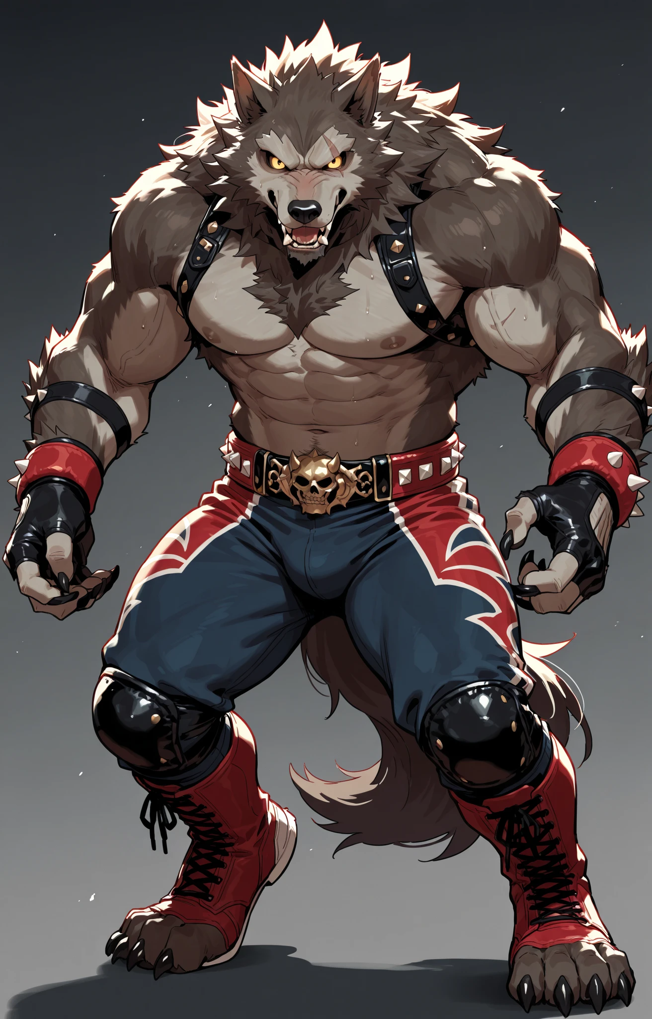 A muscular Minecraft wolf with a red pet collar with a gold plate and a wolf paw symbol, wearing black boxer shorts, holding a diamond pickaxe, sweating, cartoon