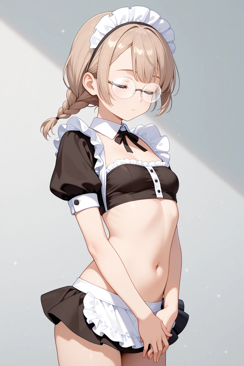 (masterpiece), (highest quality), ((Super detailed))、(super delicate)、Cute naughty peasant girl、Pastel colors hair、medium breasts、Thighs、Gorgeous、black hair, short hair, (low twintails), glasses, standard height, (anxious face:1,2、blush:1.2, quiet personality:1.2), (naked)