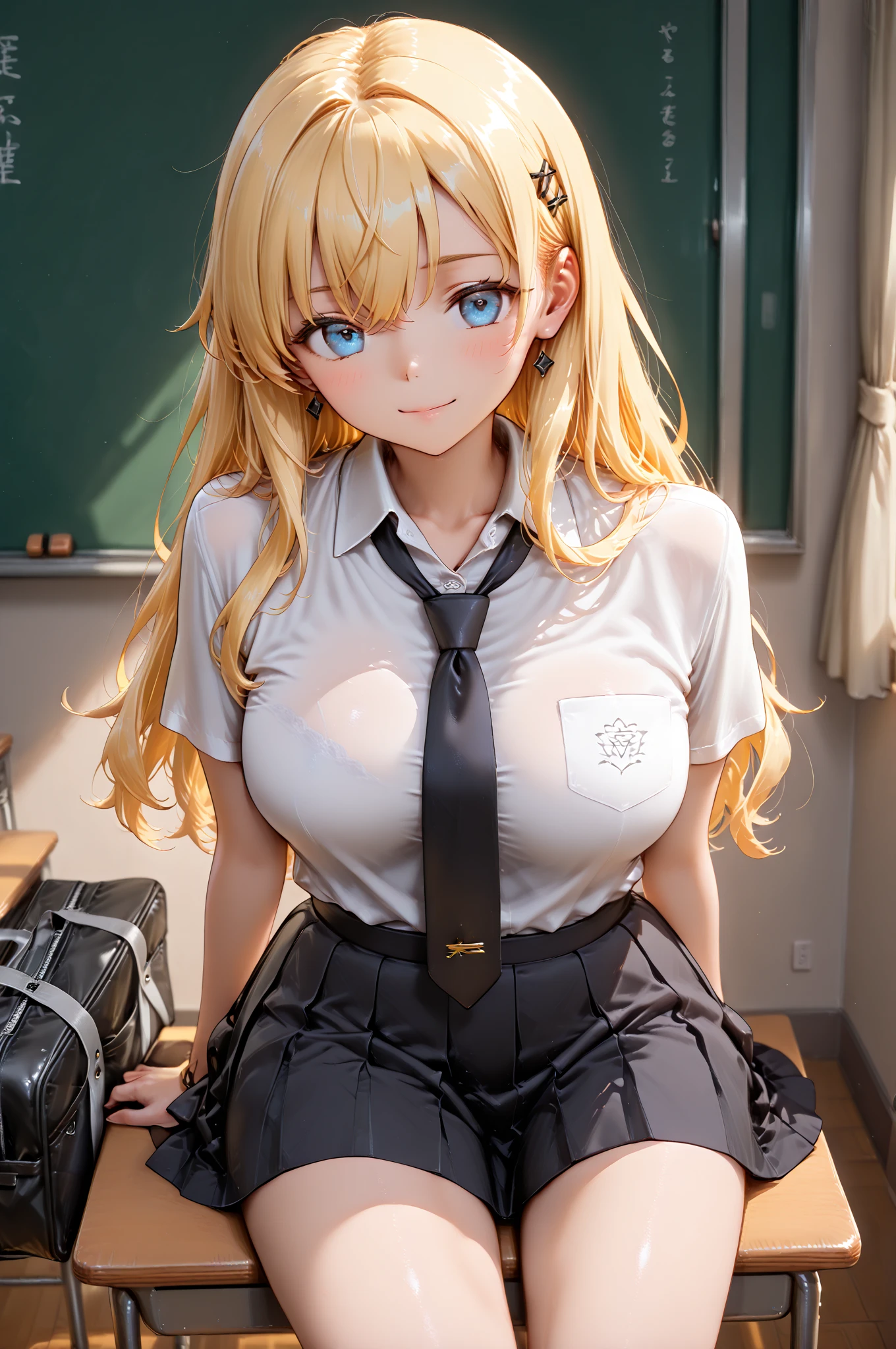 akizuki airi. oni chichi, masterpiece, best quality, super detailed, illustration, flat color, depth of field, 

1 girl, young, anime, standing, japanese village, full-length, blonde, twintails, reading a book, red pleated miniskirt, wet white button-down shirt, school uniform, serafuku, blue tie, no bra, black tights, small backpack, detailed skin texture, detailed fabric texture, beautiful detailed face, big breasts, blue eyes, pregnant, tired