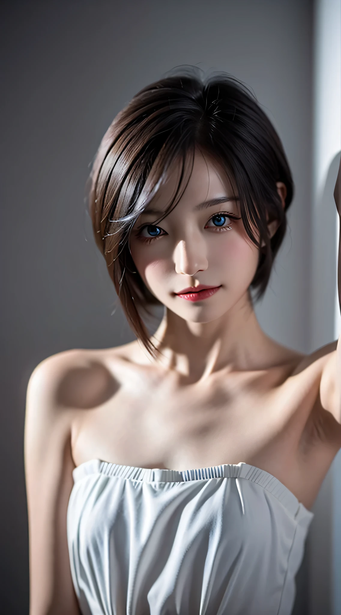 Skintight Top:1.2, View your viewers, Cinema Lighting, perfection, Soft Light, High Resolution Skins:1.2, Realistic skin texture, 30 year old mature woman、Small face、No makeup、 Off the shoulder,Bust G Cup、 Exposed cleavage, Large Breasts、blue eyes, short hair, Dark brown hair、Gray background、