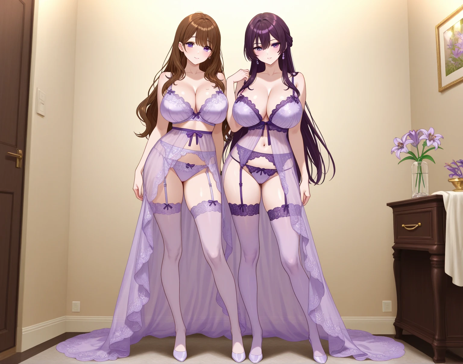 ((masterpiece))、((Photo-realistic quality))、(High image qualityhigh-resolution)、18 year old Japanese woman, 150cm tall、Baby Face、White skin、Sexual on the hotel bed、Alone、Balanced style、Skin showing through underwear、Cleavage Emphasis、Her nipples are visible through her thin bra、Pubic hair showing through panties、Big round face、obesity、Chubby、Very large breasts、Big Tits、Full-body style facing forward、Medium Hair、Very big ass、Very thick legs、Facing forward with legs wide open、Expensive lingerie、Dainty Underwear、(Brown lingerie made by Wacoal)、Flashy lingerie with lots of lace embroidery、Cute frilly underwear、The genitals are swollen、Plus Size、