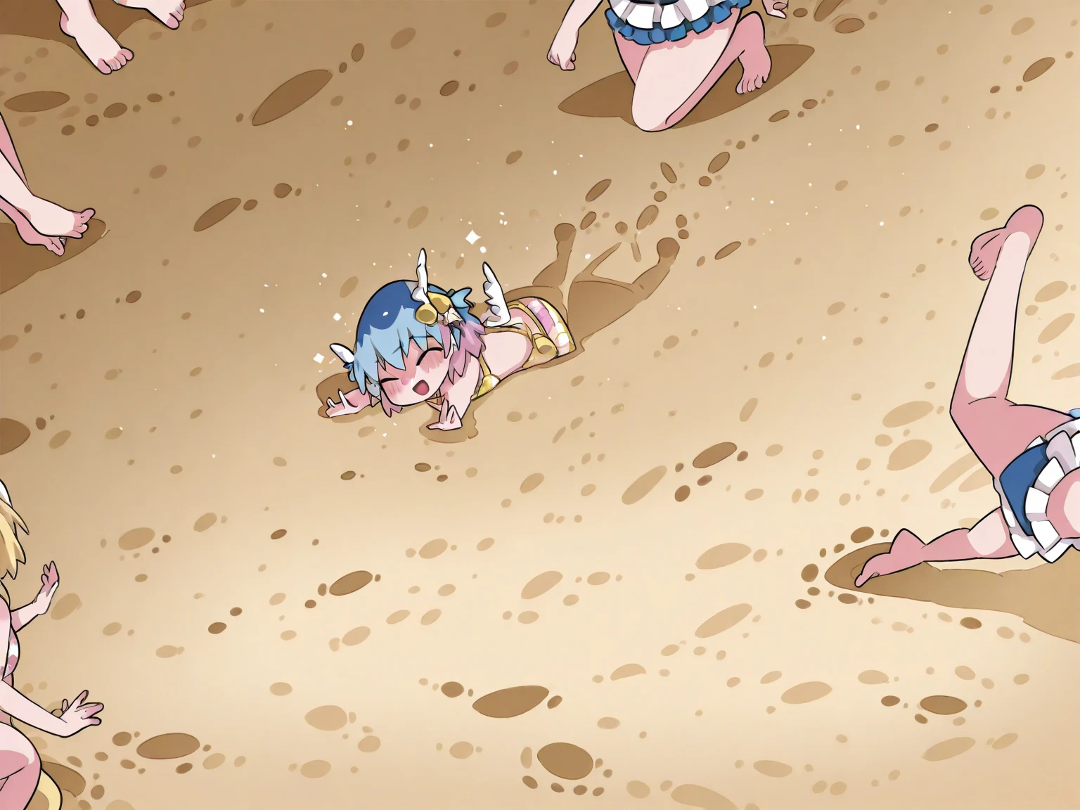 ( 4 diferent girls),4 Girls with pink hair, long double-tailed hairstyle, ((small bushy eyebrows)) walking to school, naked pussy, flirty smile, close up view from below on her crotch, mons pubis in the foreground, very close up to her mons pubis, hands on her tummy , bubbling semen on her pussy