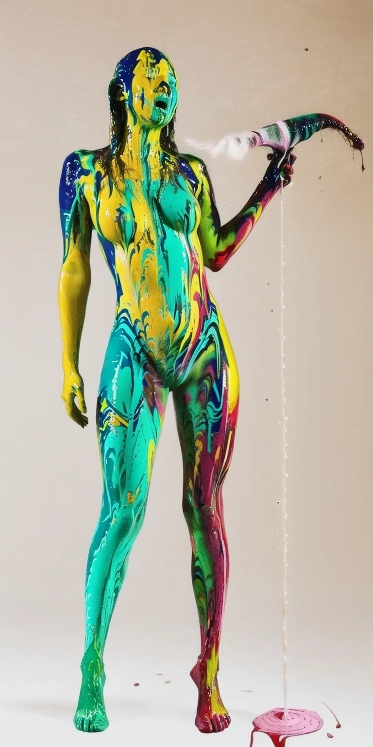 1girl,Line Art, sketch, ink drawing, masterpiece, Oil painting, traditional media,((perfect beautiful female figure covered in dripping paint)), long black hair wet with paint, blue eyes, young adult female, narrow waist, looking at viewer, seductive posture, sexy pose, alluring, clean, beautiful face, pure face, (huge breasts, breasts out, puffy), shiny skin, skin dentation, intricate detail, (rich:1.4),slim body, blue sky,.