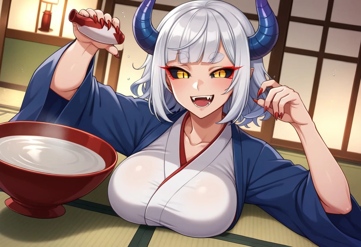 1girl, solo, oni girl, japanese kimono, large breasts, Black oiran's kimono, bare shoulders, Cleavage, Demon Horns, Long, sharp claws, tooth, dark skin, 