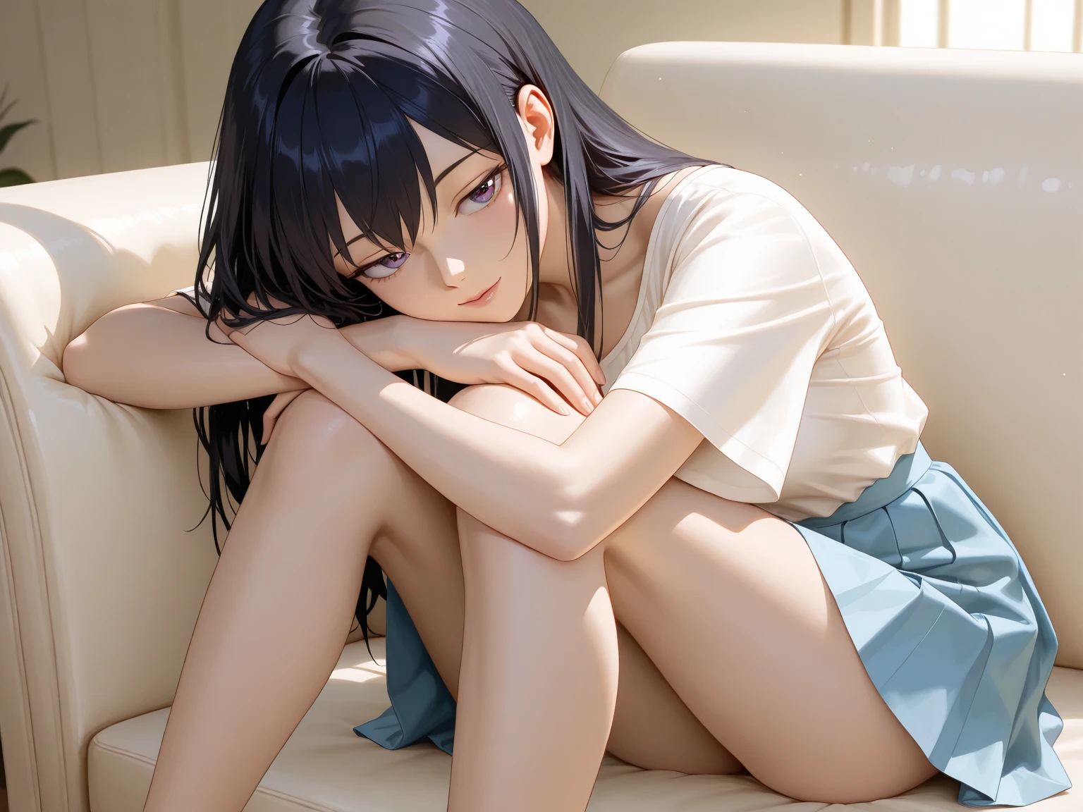 there is a woman that is laying down on a bed,Hand on chin, sitting on her bed, posing in bed, Sitting on the bed, sit on a bed, on my bed, Korean girl, pretty face with arms and legs, feet posing, young cute wan asian face, 8K)), while posing in the same bed