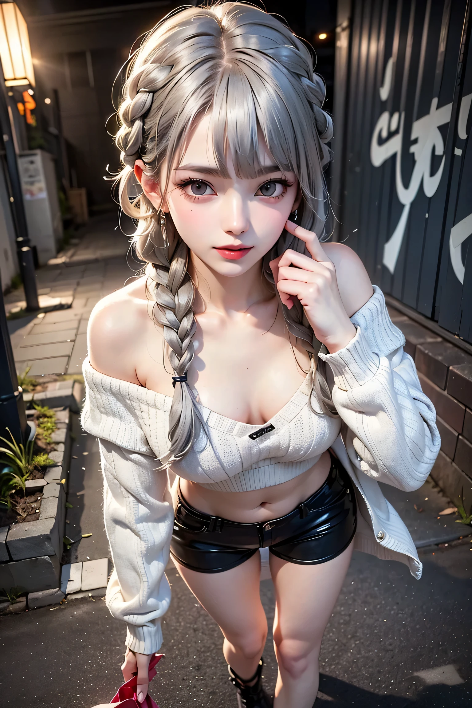 (Highres), (Detailed Illustration), Ultra-Detailed, masterpiece, <lora:fishnet_pantyhose-v1:1> fishnet pantyhose, 1girl, solo, pantyhose, large breasts, ear piercing, fishnets, twintails, navel, shorts, long hair, shirt, looking at viewer, grey hair, short shorts, blush, midriff, hair between eyes, belt, white shirt, multicolored hair, collarbone, open mouth, torn clothes, arms behind back <lora:detail_slider_v4:0.8> <lora:hairdetailer:0.8>
