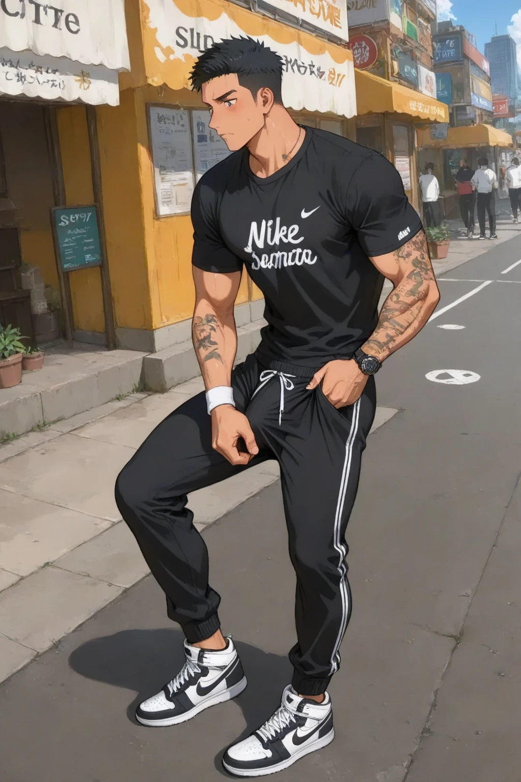 Mexican guy, tan skin, grunge graffiti scene, light body hair, covered in tattoos, ((athletic small)), badass, bad attitude, scowling, ((he is solo)), ((he is alone)), wearing bad bunny clothing, shirtless