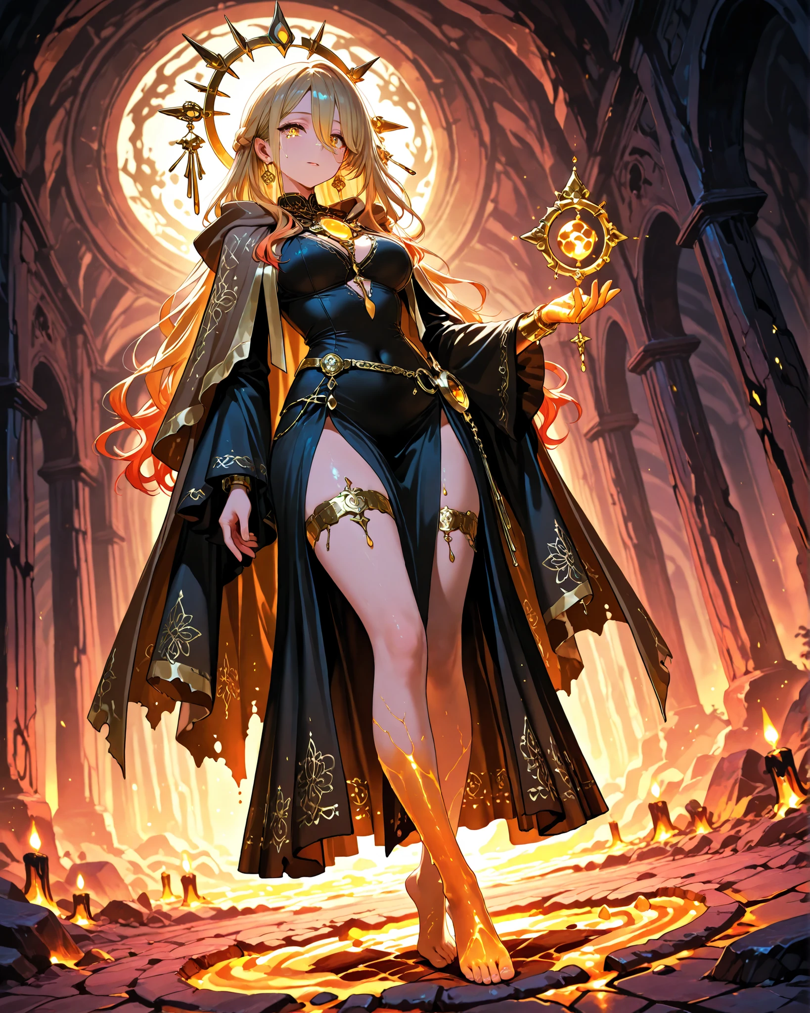 Super beautiful shining eyes、Beautiful demon sorceress casting fire spells、((Holding a long golden magician's wand))、Stand watch the viewer、various burning chains around her、((detailed flawless face)))、Light smile、beautiful countenance、seductive body、tall body、Mature body、BREAK Burning Aura、fireball、orange and yellow spark dazzling around、Little blue phoenix flying in the background、Lava on the ground、 the magma、Sexy Body Blake、detaileds、realisitic、4K highly detailed digital art、octan render、bio luminescent、Concept art in break 8K resolution、真实感、Mappa Studio、masterpiece、top-quality、Official Art、illustratio、Ligne Claire、(cool_color)、perfect-composition、absurderes、Fantasia、focus、thirds rule、