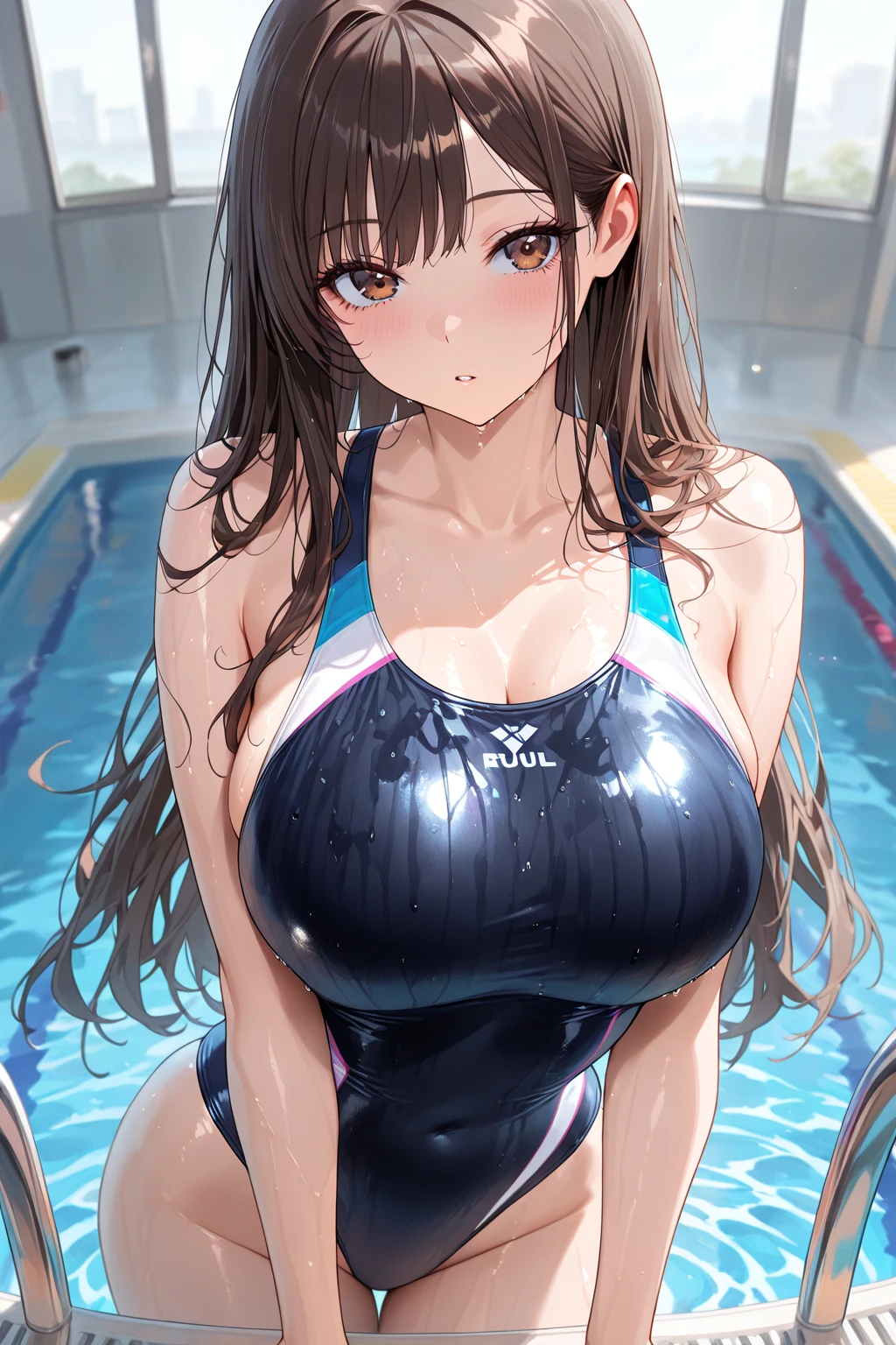 tosen jordan \(umamusume\), one piece pink swimsuit, large breasts, thighs, swimming pool, (soaking wet:1.2), smiling