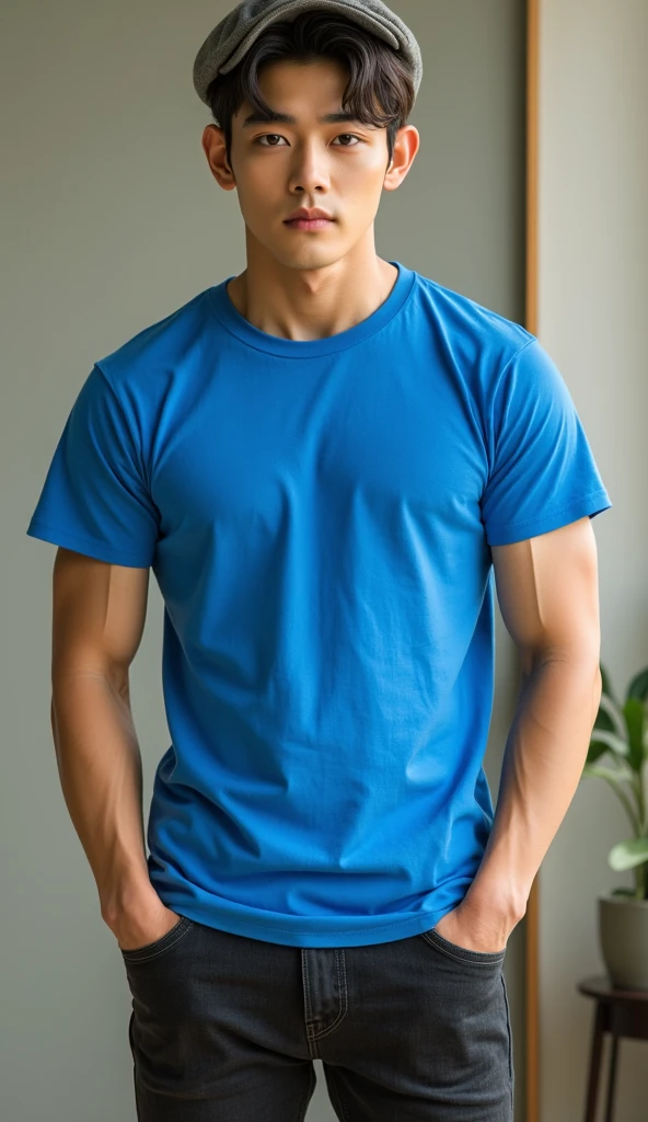 solo , 1man , thai man Sitting , blue shirt , black jeans , happy face , sit