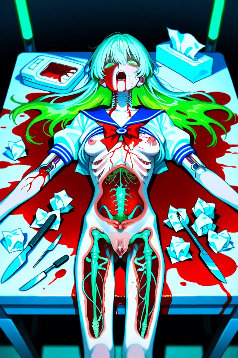 ((Grotesque expression, Best masterpiece, Perfect quality, Ultra detailed)), A skinny nude girl with flat-bust is parasitic. Parasites are parasitic her. Chrysalises are writhing inside her body, Scratched body, Teared skin, Bloody wounds, Decayed limbs, Parasites, Parasitic, Infection, Infest, Surrender, Larva, Maggot, Fleshy, Grotesque