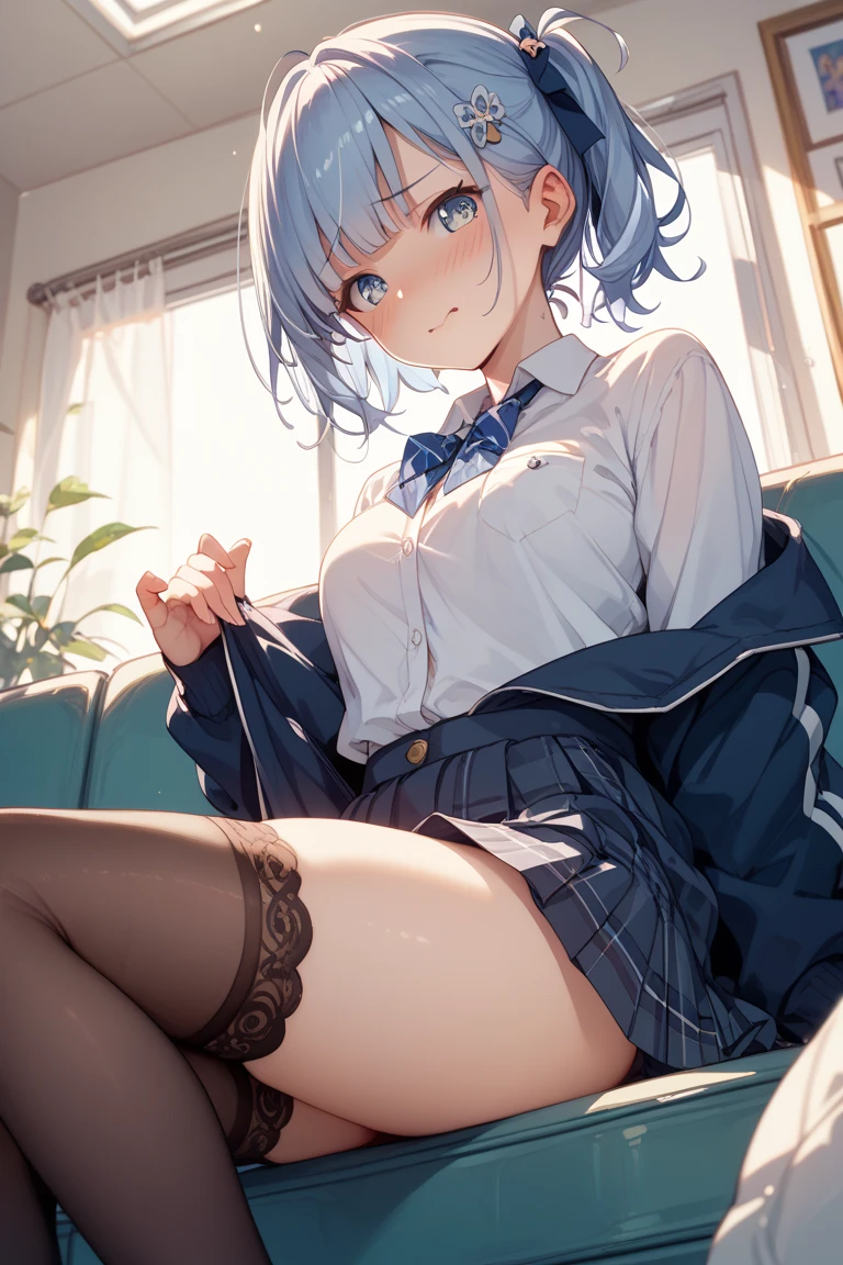 finest, masterpiece, High resolution, (Full body view from head to toe), front, frontやや下からの構図, symmetry, 18 year old tall girl, alone, (whole body from head to toe), (small breasts), Unkempt brown hair, bangs, (black tights), (black pantyhose), (sit with legs spread), (squatting pose), (Composition showing white panties), (her legs spread、I can see white panties.), (I was made to sit on the floor with my legs spread apart.), (M-shaped spread legs), thin legs, A very beautiful and tall 18 year old girl, (not wearing shoes), blush, shy big eyes, looking at camera, blazer uniform, plaid pleated skirt