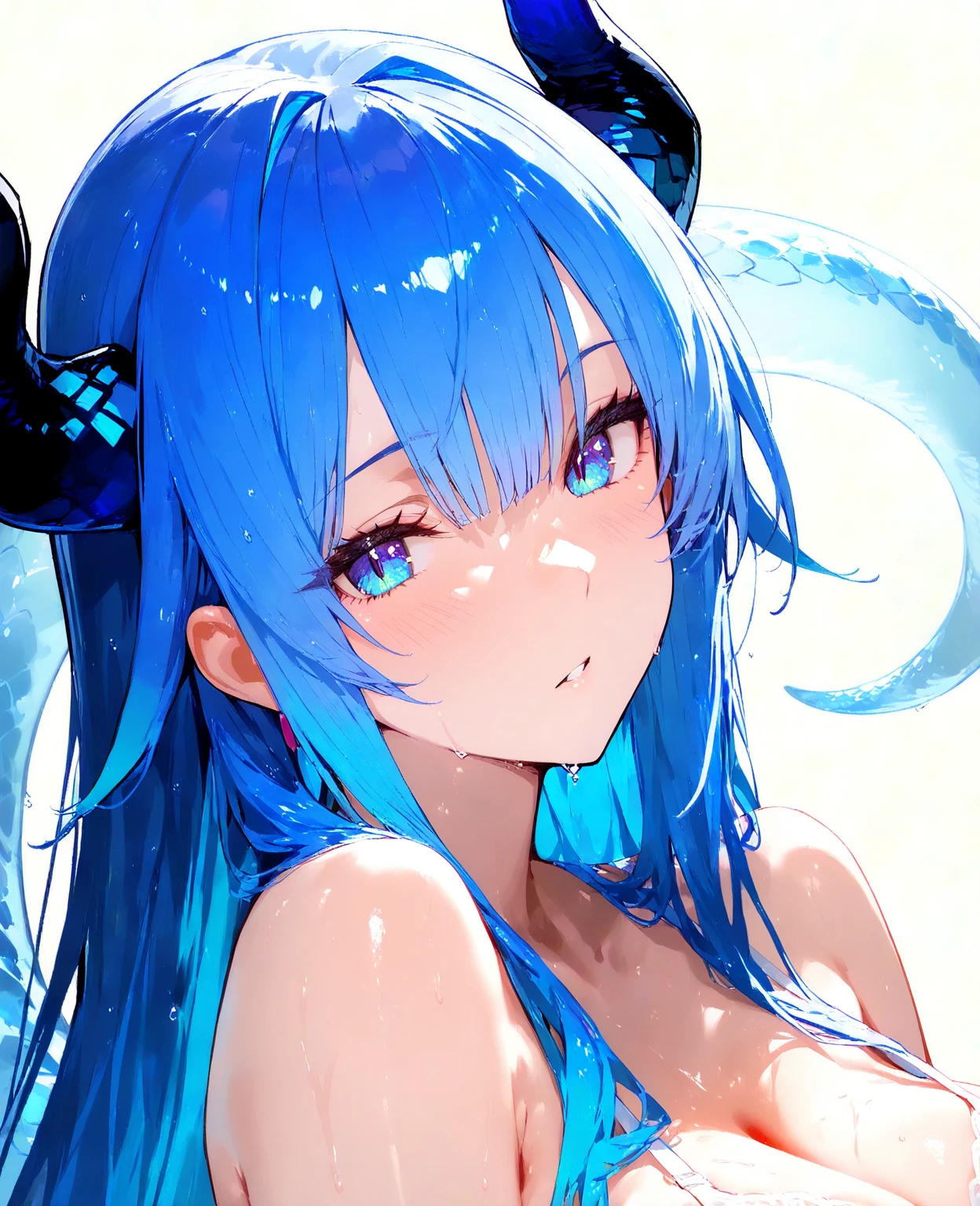 Create a naked blue hair blue eyes blue horns busty anime girl in 4