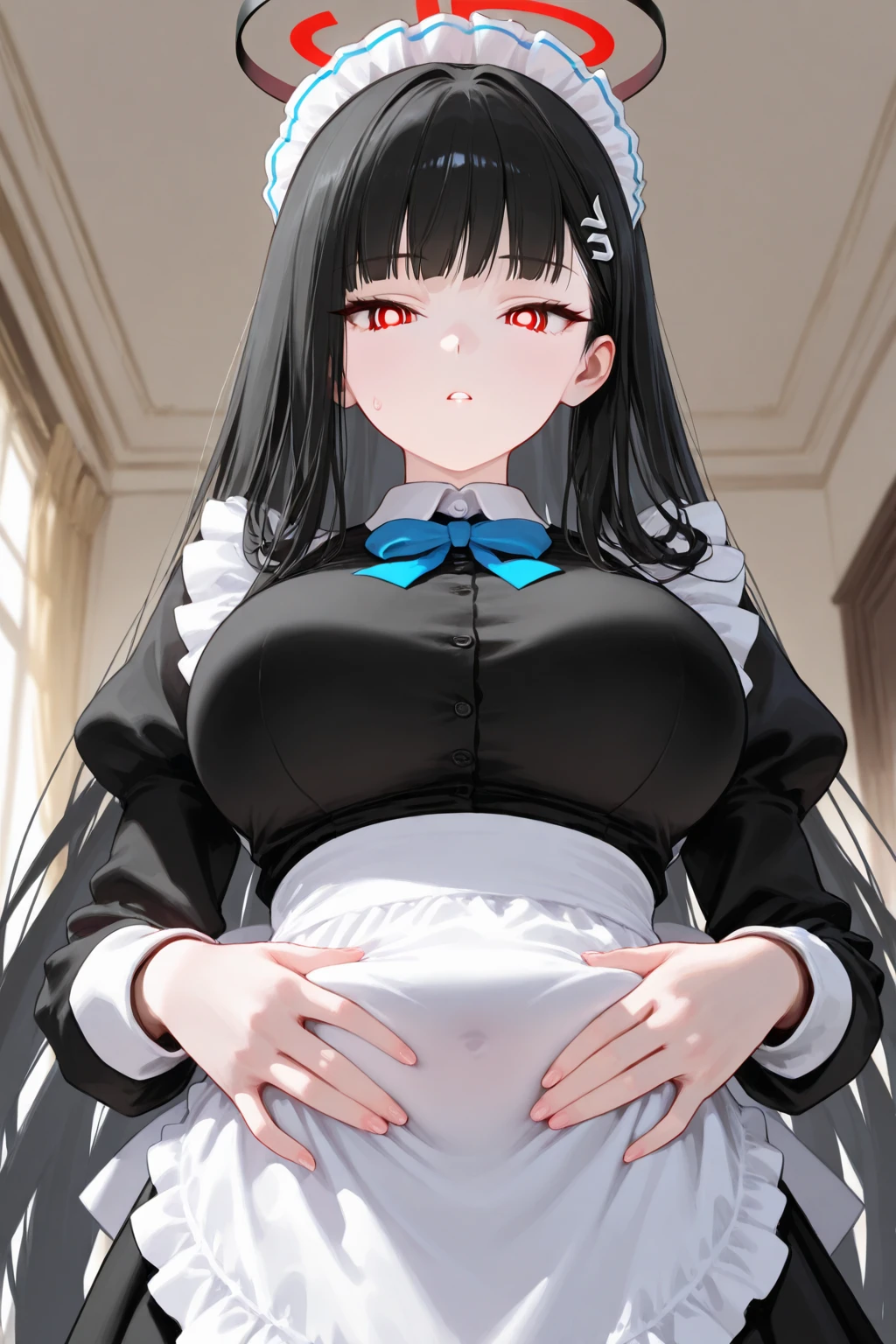 white skirt,black hair, twintails, white skirt, white pantyhose, 8K, masterpiece,detailed halo,16 years old highly detailed face,medium breast,solid circle eyes,wing on the waist,purple eyes,god ray,detailed shading,depth of field, shame, blush, maternity mark, maternity dress --auto