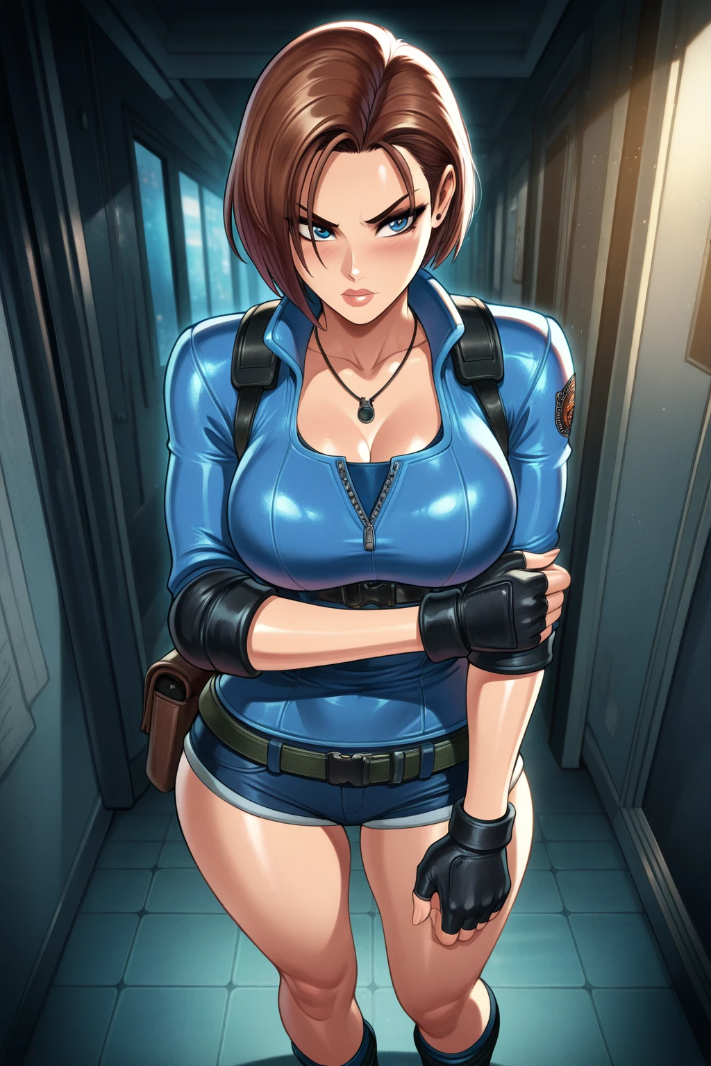 masterpiece, best quality, high quality, absurdres, illustration, film grain, chromatic aberration, dramatic lighting, (high resolution, masterpiece, ultra best quality, insanely amazing hyper fine extremely detailed, official:1.4),evil fall, corruption, resident evil, ((30yr old)), 1girls, evil horny milf jill valentine is a evil magical girl, mature_female, curvy, voluptuous, chubby, big breast, short hair, brown hair, hair_ornament, bow, jewelry, police uniforme, choker, collarbone, frills, blue dress, frilled_dress, black_gloves, skirt, boots, short hair, brown hair, spiral heart moon rod, holding_weapon, looking at viewer, full body, Full HD, 4K. magical girl art , magical girl style, magical girl illustration,