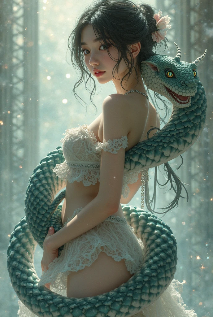 dragon_real,(extremely detailed CG unity 8k wallpaper,masterpiece, best quality, ultra-detailed, beautiful detailed eyes:1.2),best illumination, (best shadow, an extremely delicate and beautiful, bloom),the girl was surrounded by dragons, (1girl:1.4),breasts, solo,full body,Back tattoo,white dress,(color dragon:1.4),Bare leg,long dress,