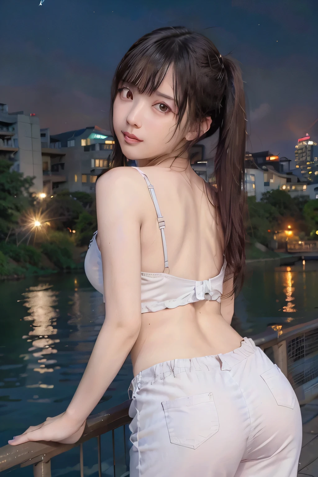 The peninsula in the left background and the lighthouse tower on land:1.6,
Mount Fuji is in the background on the right:1.6,
Very busy road along the coast on the right:1.6,
Twilight, Winding Coast, Water reflection,
Wide Photo Lens:1.0,
break
1 girl in Japan, Very short bob cut:1.6, Wide-set eyes, Very white skin, blush, Shyly, 19 years old, Open the mouse a little,
Showing off her slightly bulging buttocks through her pants:1.0, The buttocks protrude greatly,
Brown Hair, Wet Hair, Non-nipples:1.2,
Hilarious, smile,
Retrospective Viewer:1.0,
(Wide-leg trousers + Camisole tops:1.0),
From behind:1.0, From the side:1.0, Medium Shot,
Stand on the deck,
Anatomically completely correct:1.6, SFW:1.2,
8km Destruction Race, RAW Photos, Highest quality, masterpiece, Realistic, PhotoRealistic, Highly detailed 8k wallpaper, Beautiful and detailed eyes, Detailed painted face,
High key lighting, Professional Lighting, Cinema Lighting, Side Lighting, Bokeh