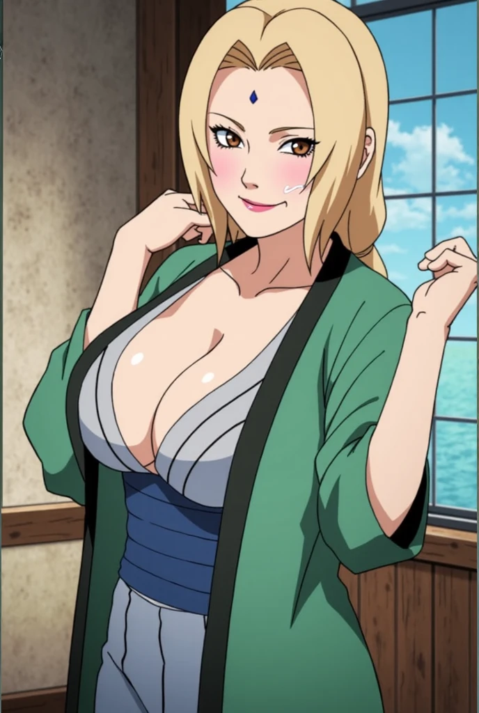 ((best quality)), ((highly detailed)), masterpiece, extremely detailed face, beautiful face, (detailed eyes, deep eyes), (1girl), from above, bird's-eye view, cowboy shot, <lora:matsumoto_rangiku:.7>, matsumoto rangiku, (orange hair), long hair, blue eyes, mole under mouth, huge breasts, curvy, grin, necklace, black kimono, haori, hakama pants, japanese clothes, cleavage, collarbone, tabi, sandals, <lora:sheathedSword:.8>, sheathed, sword