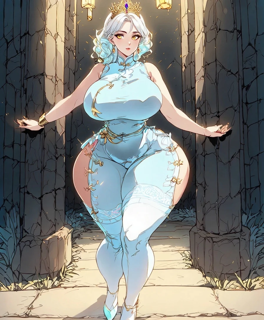 Ancient mystical lady, ((massive ample saggy hanging natural breasts)), full breasts, pointy breasts, breasts gap, heavy breasts, wide hips, thick thighs, huge ass, long legs, full lips, ((mature woman)), (full body), ((sexy)), seductive, alluring, sensual, graceful presence, Long white hair, long hair side locks, curtain bangs, ((hair golden tubes)), (((See-Through Breast Curtains Harem Outfit))), transparent silk fabric, (((body jewelry))), gold jewelry, ornaments, gold bracelets, necklace, jewelry thong string, silk body chains, ancient fantasy esthetic, ancient ruins, lost civilization architecture, moss, ancient garden, ((detailed background)), detailed environment, ((intricate complex fine details)), ((ornate details)), ((beautifully detailed harem outfit)), ultra-detailed face, perfect face, perfect eyes, perfect anatomy, extremely detailed beautiful eyes, shiny eyes, (((detailed hands and fingers))), detailed, ((cinematic lighting)), ((light rays)), ((light particles)), ((cowboy shot))