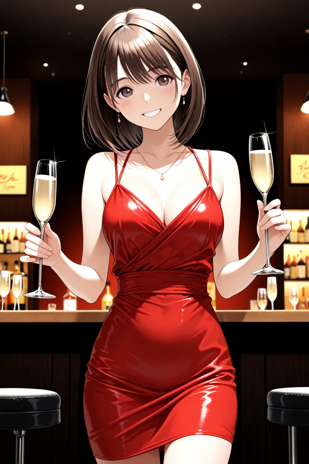 Adult, Female, Mature, short hair, brushed hair, brown hair, red eyes, dark red eyes,  tomboy, medium breasts, toned body, makeup, beautiful makeup, earrings, sparkling red dress, beautiful red dress, blushing, shy, nervous, outside, dark, packed street background, outside of fancy restaurant, city square at night, Masterpiece, Accurate, Anatomically Correct, perfect hands, perfect fingers, best hands, best fingers, accurate, Best Quality, High Details, Detail, Super Detailed, Best detail, Perfect detail, Amazing detail, [-3, 3], perfect eyes, perfect irises, best eyes, best irises, Close-Up, headshot