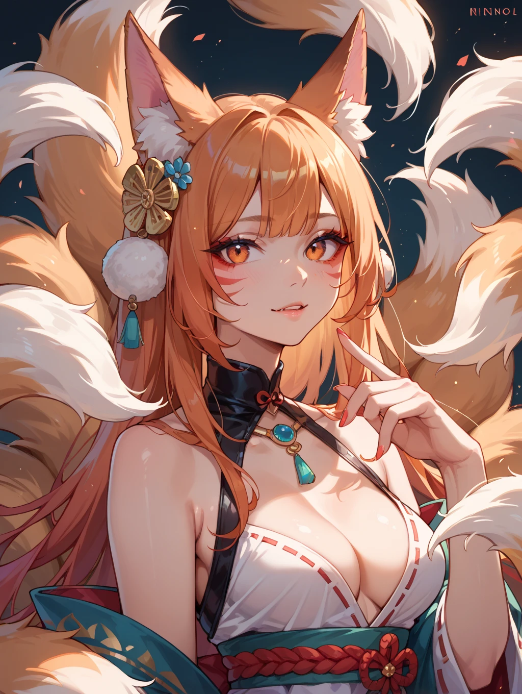 1 girl, long golden hair, fox ears, only fox ears, crimson eyes, extremly detailed, blushing, (face perfect:1.1), (high detal:1.1), top-quality, huge breasts, sexy and seductive, wearing red and white erotic kimono kimono, tall women, long flufy nine fox tails, multiple tails, thicc thighs, wide hips, smile, horny, absurdes, high res, ultra sharp, 8k, masterpiece, looking at viewer
