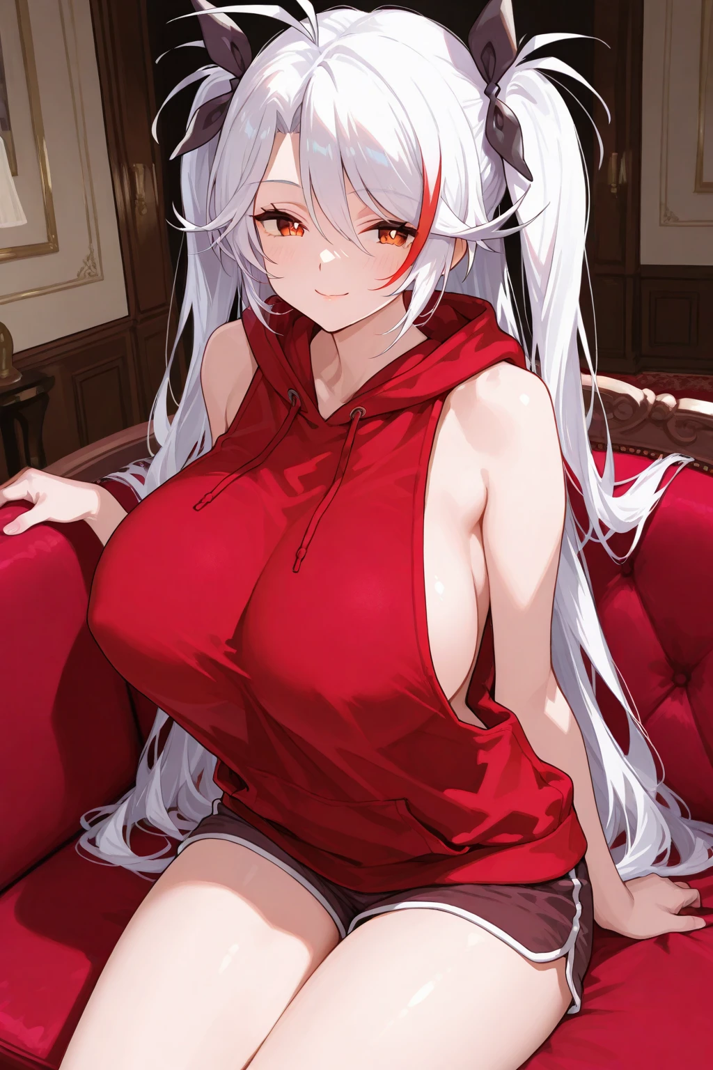 beautiful girl with long light gray hair with red eyes and red lips in a red robe, pleasant smile, mysterious look, sexy, Goddess, naked , naked girl, sex