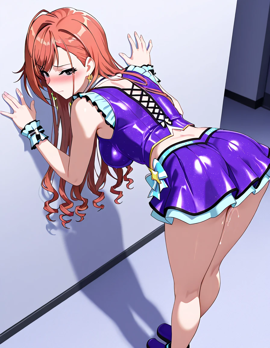 best quality, insanely detailed,nino nakano, bed room background, breasts, blush, back style, Looking Forward, one-piece swimsuit