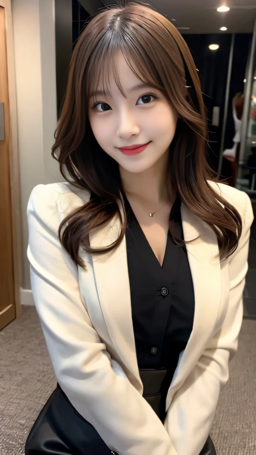 ((Best Quality, 8K, Masterpiece: 1.3)), , Focus: 1.2, Perfect Body Beauty: 1.4, Buttocks: 1.2, (Layered Haircut: 1.2)), (Dark Street: 1.3), Highly Detailed Face and Skin Texture, Full Body, Fine Eyes, Double Eyelids, Whitened Skin, Long Hair, (Round Face: 1.5), (White Suit Style: 1.6). Smile in a late night café. Sit and drink coffee