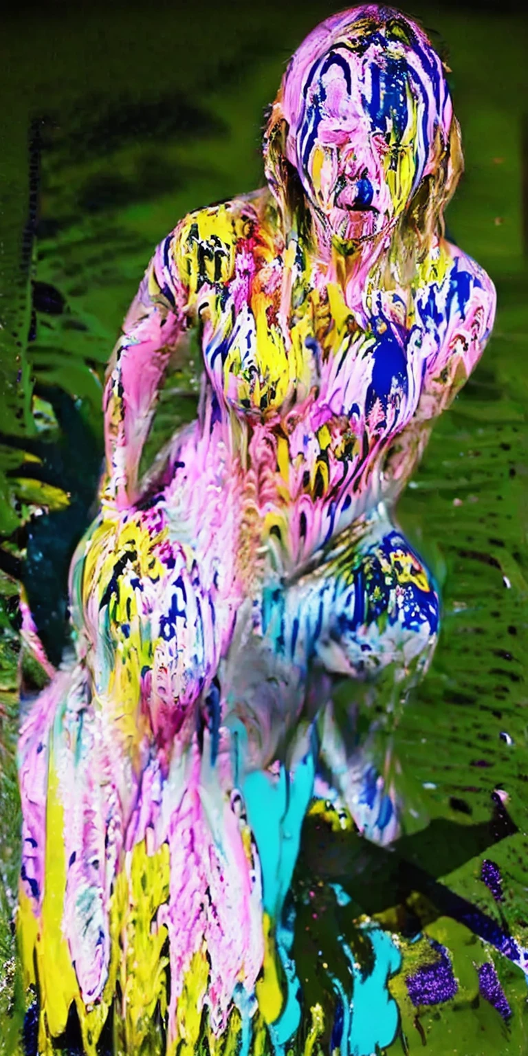 (Gates McFadden, age 25, nude, extensive flower body paint) doing an interpretive themed dance around a spring morning center stage, spotlight on her, crowd in stadium slightly shadowed
