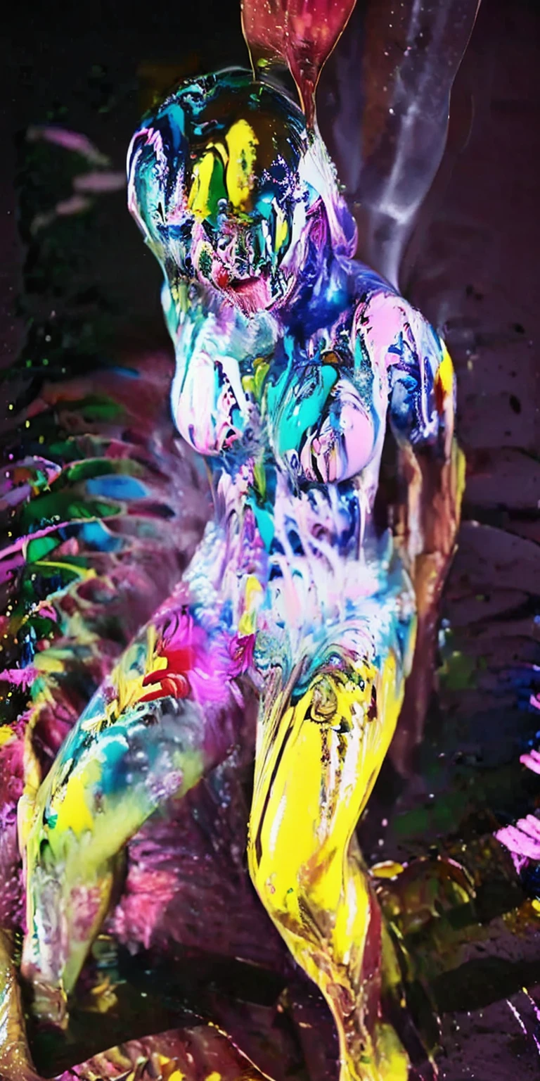 Best quality at best,tmasterpiece,8K,detailed detail,hyper-high detail,1个Giant Breast Girl((Naked)). sexy smile , beautiful eyes. in clouds of smoke,(flowing smoot:1.5),Flying hair,(Colored smoke:1.5),Smoke body,Raise both hands,Particle light effects,The air is filled with smoke,The body passes through the clouds,