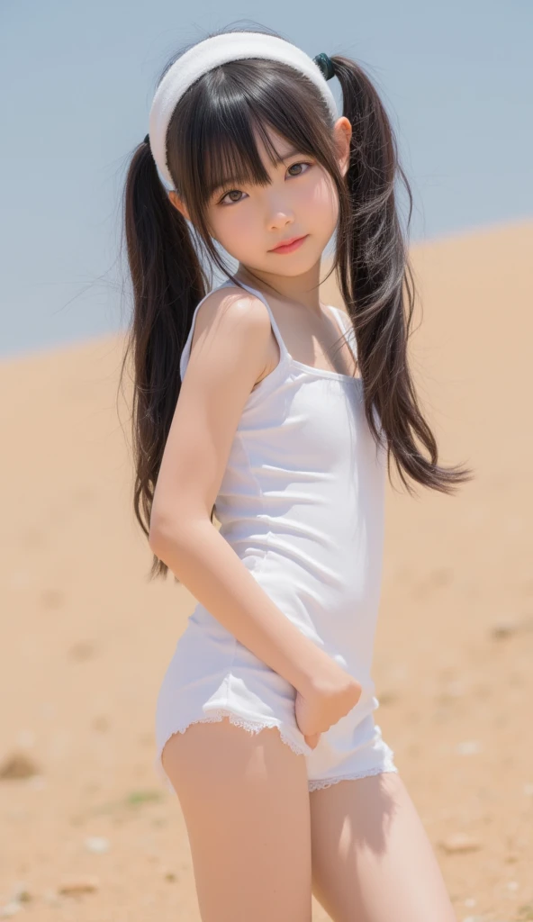 ((Top Quality, 8k, Masterpiece: 1.3)), Sharp Focus: 1.2, Girl: 1.4, 8 Years Old: 1.5, Full Body, (Natural Light, City Street: 1.1), Highly Detailed Face and Skin Texture, Black Hair, Detailed Eyes, White Bikini, Smile