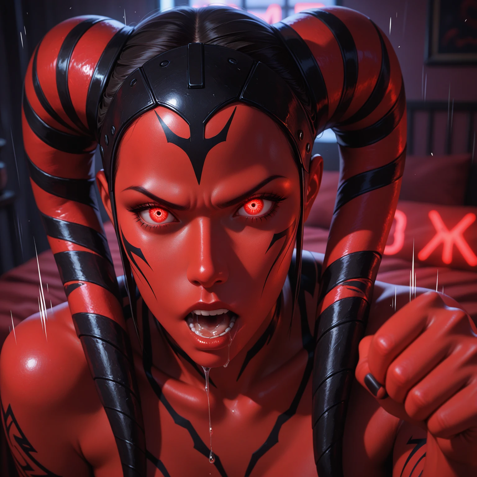 Disco duro, Obra maestra, Detalles altos, hiperrealista, Twi'lek hembra, Piel enrojecida intensa, Marcas en la piel, desnudo, en 4 posturas, crawling, pasillo oscuro, warm colours, erotic, NSFW