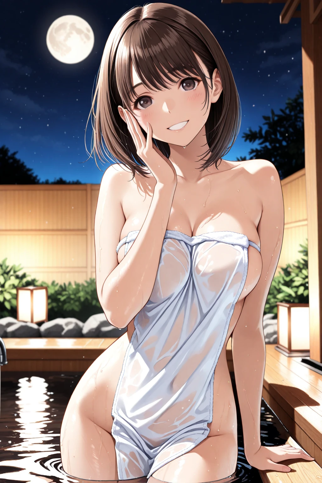 masterpiece, Highest quality anime illustrations, Super detailed,ultra high resolution、perfect lighting single girls, alone, medium hair, anime changes , white undies, bra, Light pink see-through yukata, big breast, cowboy shot, smile, focus on chest, hot spring