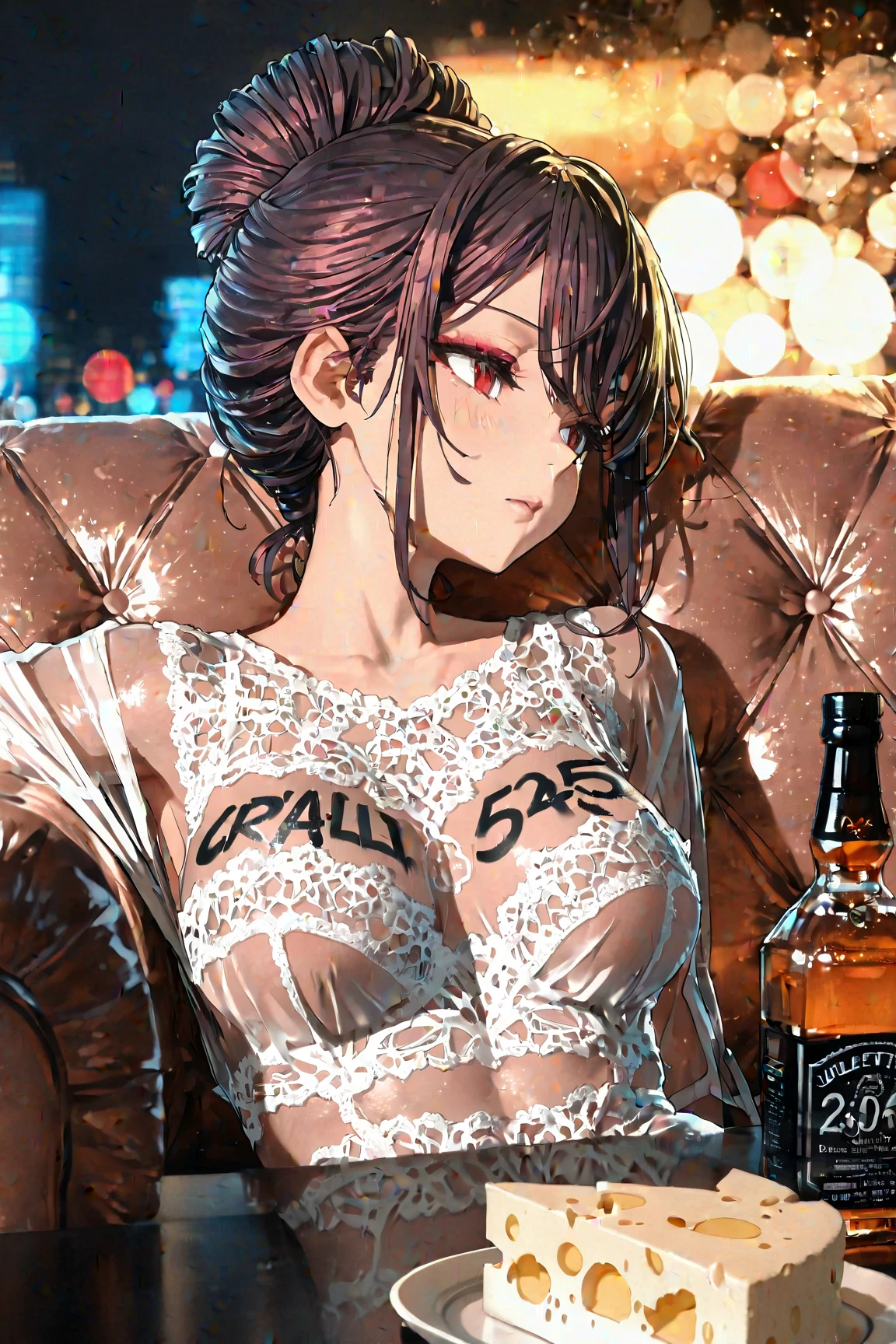 hiten kei style, claude monet, oil painting, night, denim pants, ((???????)), nsfw, masterpiece, street lamp, city, 1 girl, ????? nipples, intricately detailed, navel, bare shoulders, brown hair, necklace, extremely detailed, bare breasts, puffy nipples, yellow eyes, bare stomach, wet, wet body, medium breasts, arm strap, teen, soft eyes, armpit, open mouth, half open eyes, lusty eyes, blushing, head tilt, side bangs, huge nipples, bracelet, neon lights, belt, holding beer bottle, legs, standing