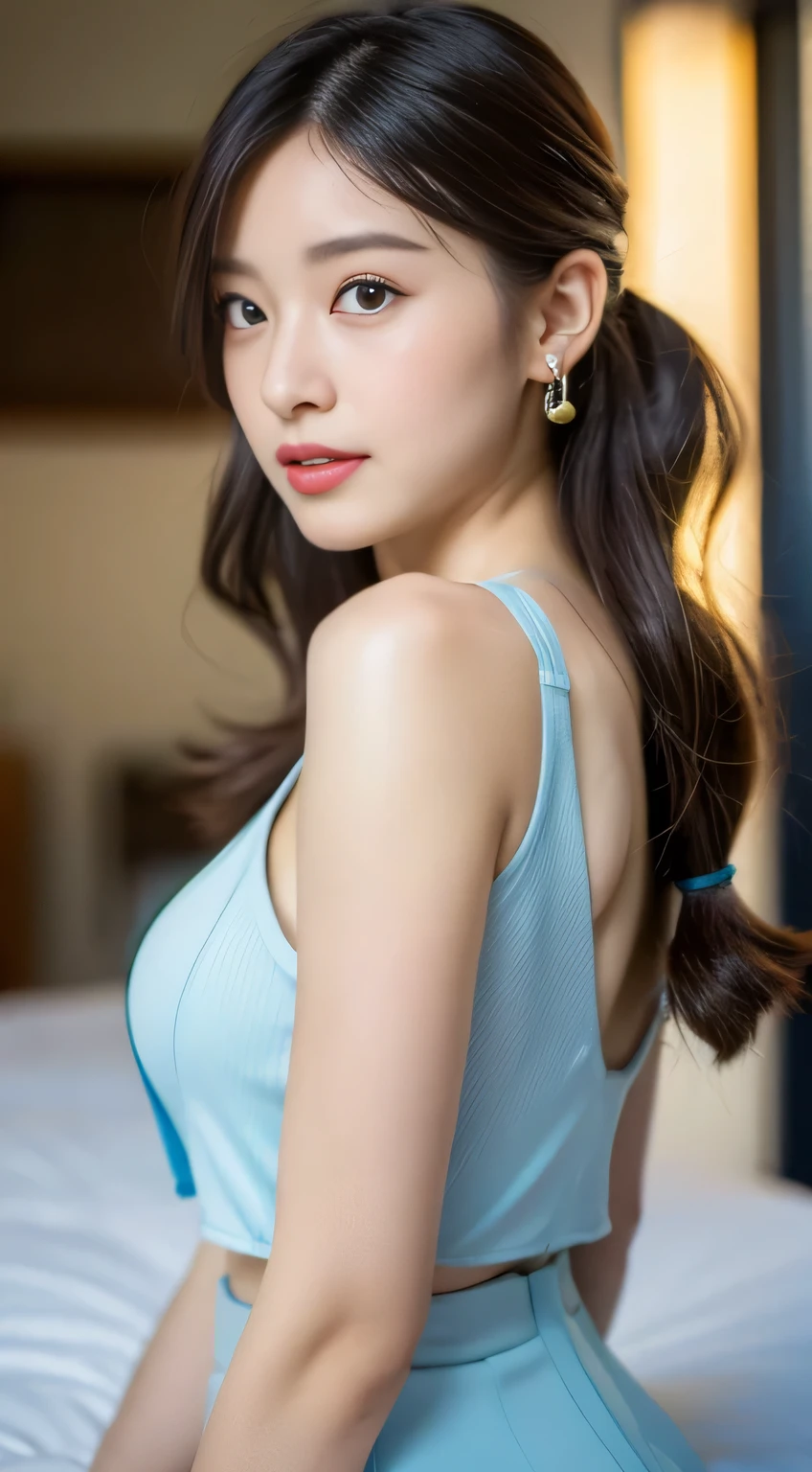 The beauty of low-cut silk pajamas,White,The neckline is open,Three-dimensional facial features,Slim figure,Large bust,low angles,Half body {Continuous shooting}:up front view,Left view,right view,posterior view,Right top side light,Filmquality,16k