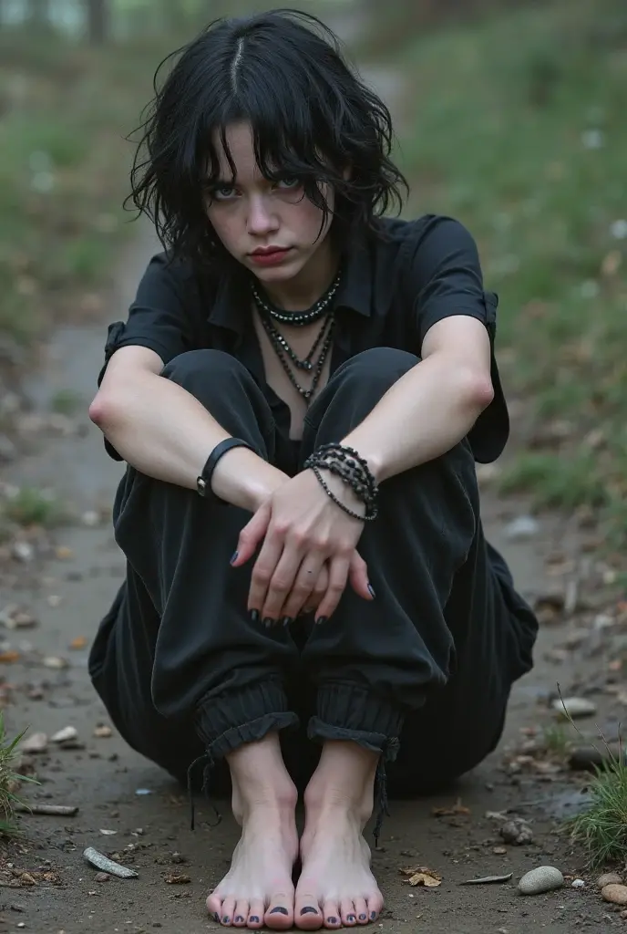 Full body. a emo woman with black hair, wearing only a black shirt with a skull design, , barefoot. 
