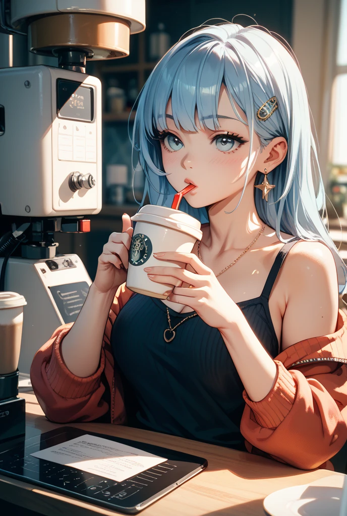 8K、top-quality、Masterpiece、An ultra-high picture quality、ultra-detailliert、Super beautiful、animesque、Ultra-realistic flesh feeling、full bodyesbian、Drinking a latte、Off-shoulder blue knitwear、Beautuful Women、Long blue hair、poneyTail、Blue eyes、shinny skin、Very gigantic-breasts、extremely big ass、shinny skin 、The background is a café --auto --s2