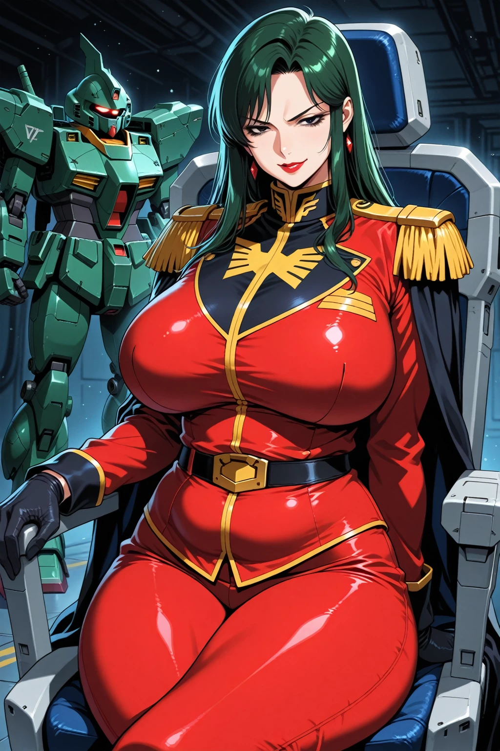 <lora:cima_garahau_lora:0.8>, 1girl, cima garahau, solo, looking at viewer, cowboy shot, spaceship hangar background, big breasts, masterpiece