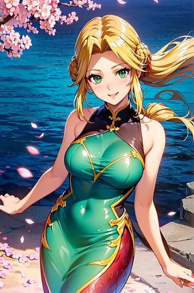 ((masterpiece), best quality, high quality, professional quality, highly detailed, highres, perfect lighting, natural lighting), dark, Infected human with a terrifying transformation, Fair Skin, Blonde with shoulder-length hair and beachy waves, teal velvet lipstick, A moonlit lake with a silhouette lurking just beneath the surface,A dynamic composition of intersecting lines and geometric shapes, suggesting a sense of order and balance, Moonstone, Arrayed, Charmer, Average Height, in shape, Round Face, Dark Skin, Blonde Hair, Blue Eyes, Wide Nose, Pouty Lips, Prominent Chin, Long Hair, Straight Hair, Updo, soft breasts, Drop earrings, terracotta velvet lipstick, In a realm of eternal spring, a harmonious garden flourishes, its vibrant blooms dancing to the rhythm of nature