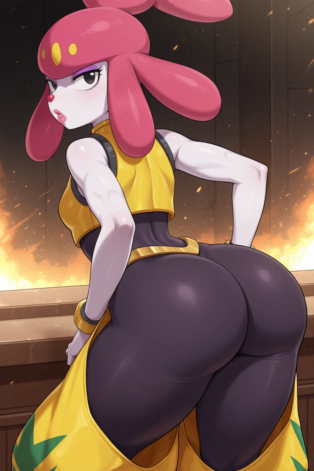 ((best quality)), ((highly detailed)), masterpiece, absurdres, (detailed eyes, deep eyes), (1girl), dynamic pose, full body, shygal, (mask), ((hollow eyes)), yellow hair, huge breasts, white thighhighs, boots, blue footwear, (in a park, trees, path, light post, park bench, city in the background, evening, night sky, stars, full moon, shooting star), naked