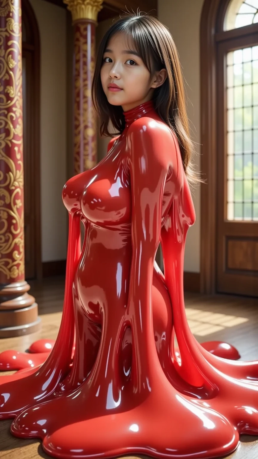 stunningly beautiful Alina Kabaeva face with Lisa Ann body, 20yo, (1girl:1.2), (mons pubis:0.3), as a pure white and very cute woman, (red rubber suit:1.6), (gold filigree:1.1), (black long wavy hair:1.2), sparkling gold big eyes, abs, great proportions, full body shot, background kaleidoscope, anime, illustration, fantasy, portrait, animification, high resolution, best quality, very high image quality, ultra detailed, hyper realistic, photorealistic, (big breasts:1), (nearly naked:1.4), (cameltoe:1.3)