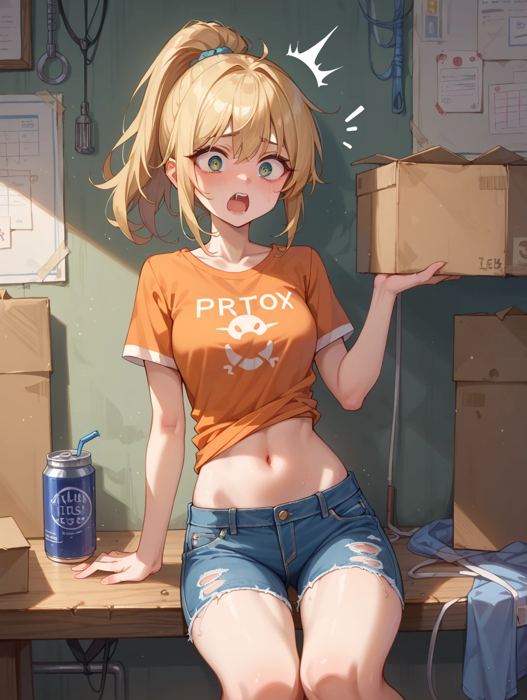 (best quality, masterpiece:1.3), 1girl, standing, athletic, gym storeroom, twisted torso, sweat, head tilt, see-through, blonde, freckles, blush, pov, curvy, (looking down:1.2),