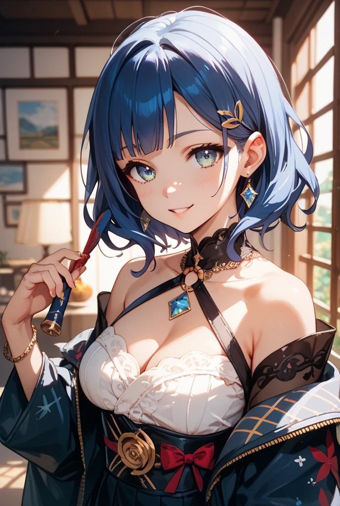 best quality, masterpiece, highres, solo, {st_louis_azurlane:1.15}, blue_hair, bangs, sidelocks, breasts, large_breasts, side_ponytail, blush, long_hair, cleavage, purple_eyes, hair_ornament, smile, hair_between_eyes, jewelry, pink_eyes, 1girl, bare_shoulders, bow, braid, china_dress, chinese_clothes, closed_mouth, dress, hair_ribbon, looking_at_viewer, ribbon, twin_braids, white_dress, hair_bow, white_ribbon, ahoge, clothing_cutout, crossed_bangs, sleeveless