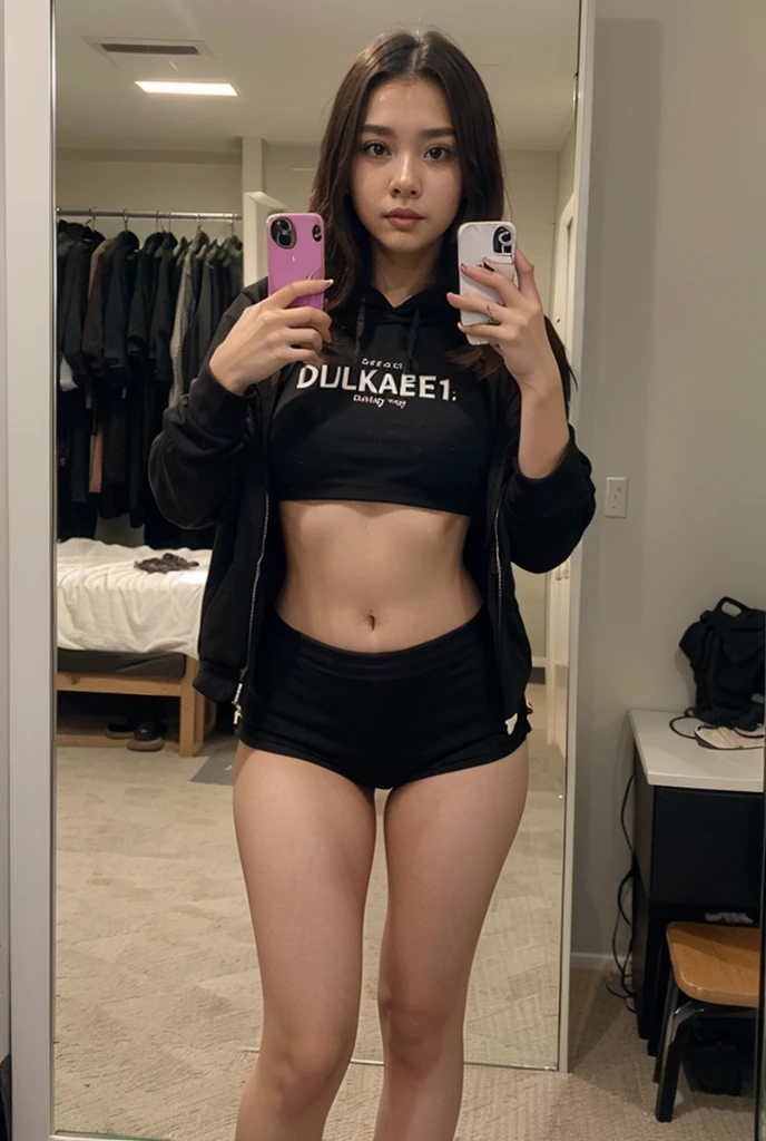 Absurd resolution, high resolution, (masterpiece: 1.4), hyper-detail, two cute Asian babes, 18yo, wearing a cropped tshirt and a black thong, sneakers, squatting in front of mirror selfie, fertile body, ahegao