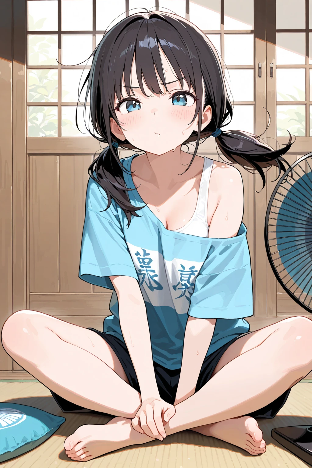 summer、Early Afternoon、T-Shirts、Shorts、daily、Lying on the tatami、wind chimes、hot、((masterpiece)),Realistic,4K,Very detailed、landscape