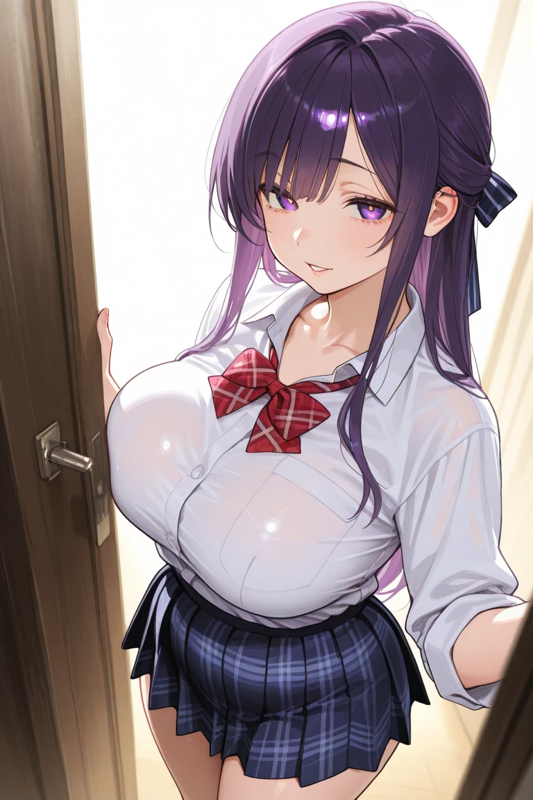 A white short-sleeved dress with a round collar and buttons in the front、White Skirt、Black ribbon at collar、Navy blue leather belt around the waist、Long straight purple hair down to her waist、Big red eyes、Small Nose、Big Mouth、Round face、Big Tits、anime、high quality、High resolution、I can see her cleavage、Moist eyes、Ahegao、See-through nipples、Lift the hem of your skirt up with both hands、No pants、Wooden wall
