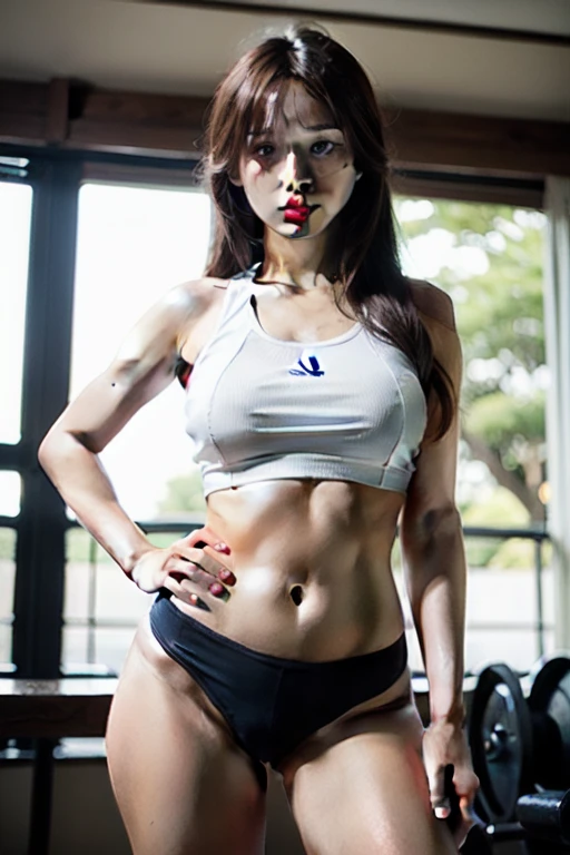 a very thin woman with visible bones, pale white skin, sweaty body, full body view , perfect body slim , sweaty weat body, wearing short sport pant and bra, tatto, in a prison(best quality,4k,8k,highres,masterpiece:1.2)