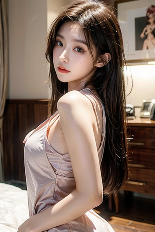 masterpiece, Best Quality, 8K, 20 yo, huge breasts, cuddly, Solo, sad, Cute, Girly, Delicate girl, Neat and clean beauty, Raw photo, Professional Photography, Portrait, Soft light, Professional Lighting, Back lighting, Upper body, front view, Sophisticated, Film grain, (Eyes and faces with detailed:1.0), short length floating hair, beautiful flowing hair, bangs, Velvet pajama set